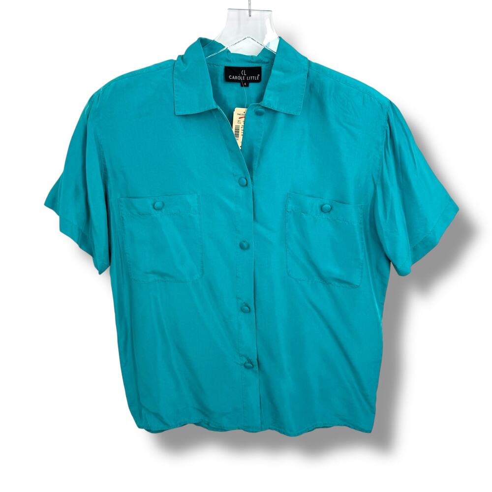 VTG Carole Little blouse 4 100% silk button front teal camp 90's deadstock NEW